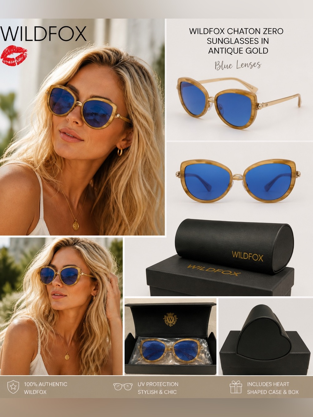 NWT Wildfox Chaton Zero Sunglasses in Antique Gold Heart Shaped Case